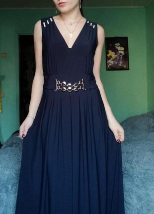 Длинное темно синее платье в пол3 фото