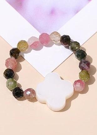 Каблучка "конюшина" з натуральним перламутром та турмаліном