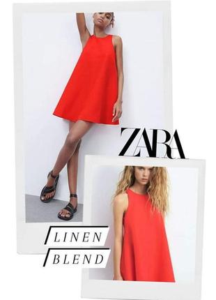 Крутое красное льняное платье трапеция zara бленд льна мини платья1 фото
