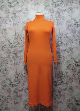 Платье женское демисезонное однотонное в рубчик оранжевый повседневное базовое 44