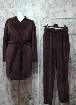 Женский велюровый домашний комплект двойка халат штаны коричневый бархатный костюм пижама 42