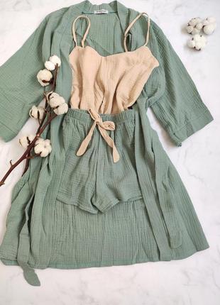 Муслиновий домашний комплект. халат и пижама из муслина. муслиновый халат майка и шорты