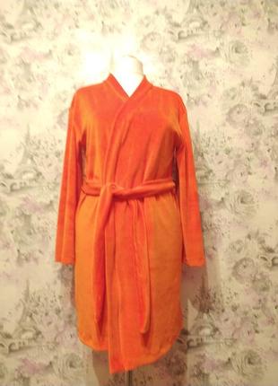 Женский велюровый домашний комплект двойка халат штаны оранжевый бархатный костюм пижама 423 фото