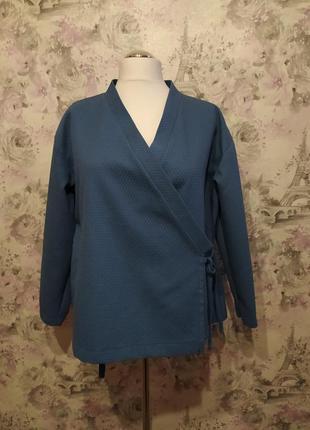 Женский вафельный домашний комплект двойка пиджак-кимоно штаны синий костюм пижама 424 фото