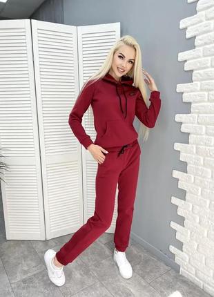 Теплый женский зимний спортивный костюм на флисе бордовый