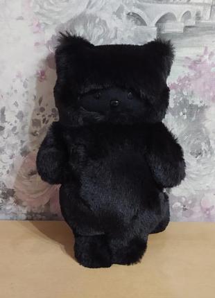 Плюшевая меховая игрушка черная кошка подарок для ребенка 30см 02848