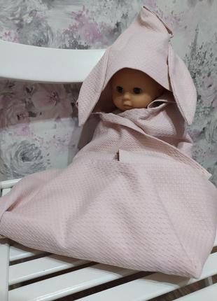 Полотенце вафельное детское с капюшоном зайка розовый подарок1 фото