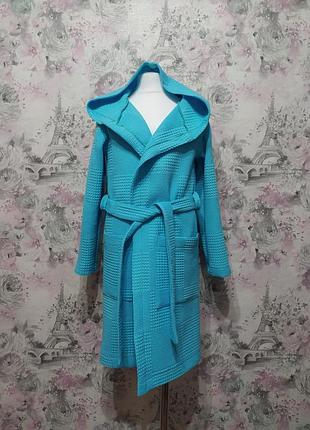 Халат детский вафельный банный в бассейн домашний хлопчатобумажный с капюшоном голубой 86