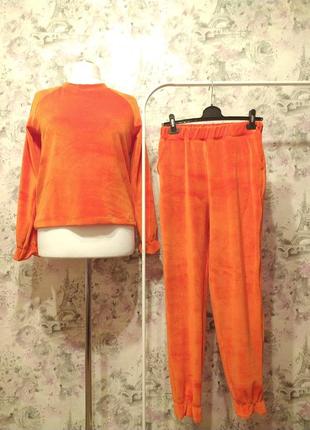 Женская велюровая пижама лонгслив штаны оранжевый бархатный домашний костюм 42