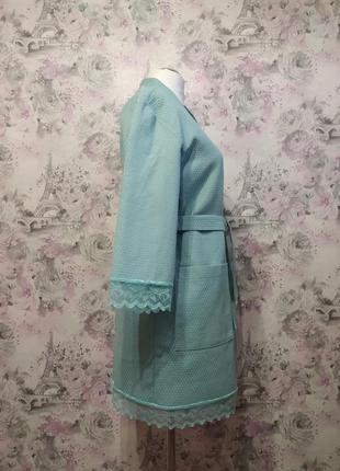 Жіночий вафельний домашній комплект двійка халат з мереживом штани м'ятний костюм піжама 425 фото