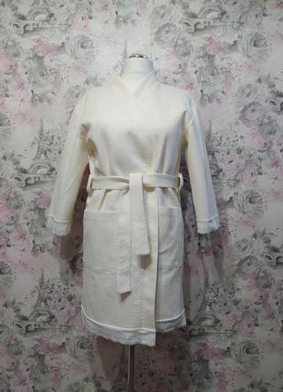 Женский вафельный домашний комплект двойка молочный халат с кружевом штаны мятный костюм пижама 424 фото