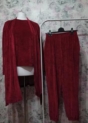 Женский велюровый домашний комплект тройка халат футболка штаны бордовый костюм пижама