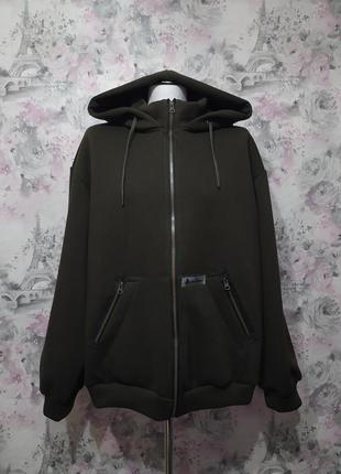 Худи мужской хаки теплый зимний толстовка с капюшоном футер трехнитка с начесом 46