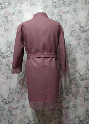 Жіночий вафельний домашній комплект двійка халат з мереживом штани сливовий костюм піжама 423 фото