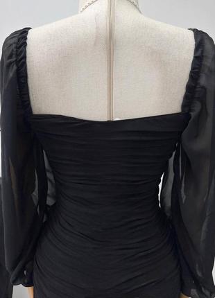 Приталенное платье с объемными рукавами женское платье на завязках по бокам, длина от мини до меди красивое повседневное вечернее черное6 фото