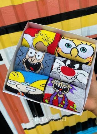 Набір жіночих шкарпеток 36-41 6 пар з мультяшним малюнком у подарунковій коробці