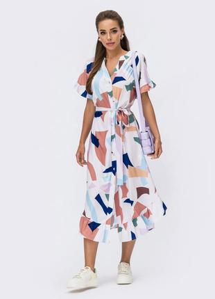 Принтованное платье белое с оборкой по низу | 69284