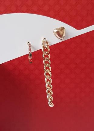 Набір, три мініатюрні сережки: ланцюжок, серце, кільце стрази різнокольорові серденько золотисте золотистому золотому золото золоті ланцюг кольца2 фото