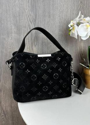 Замшевая женская черная сумочка с узором7 фото