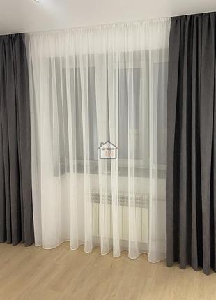 Однотонні штори мікровелюр матові на вікна для спальні, в зал №340 сірий графіт diamond, 2штори5 фото