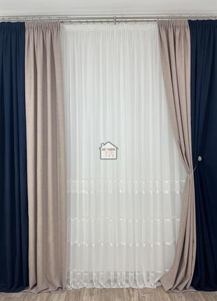 Штори мікровелюр двокольорові комплект duo №12 у спальню, зал, «темно-синій та білий пісок»4 фото