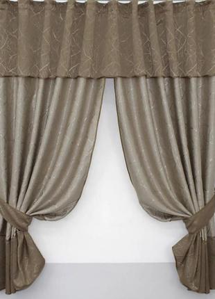 Вишукана фіранка на кухню (270х170см) з ламбрекеном. колір бежевий