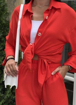Летний женский костюм двойка брюки палаццо и рубашка красный одноцветный 40-42, 42-44, 46-482 фото