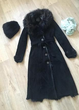 Длинная натуральная дубленка с шапкой