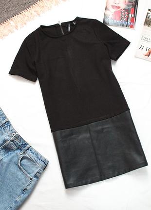 Черное платье с кожаными вставками mango короткое платье манго 38 м размер