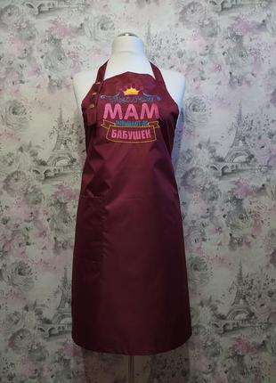 Фартук женский для готовки с надписью бордовый с вышивкой подарок жене 023302 фото