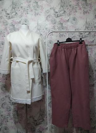 Жіночий вафельний домашній комплект двійка молочний халат із мереживом штани сливовий костюм піжама 42