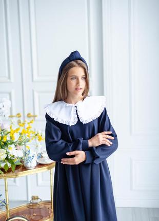 Платье школьное оверсайз темно - синее с белым хлопковым воротником, школьная форма для девочки8 фото