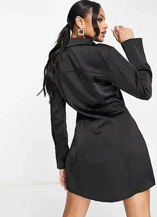 Черное сатиновое платье рубашка стильное платье короткое2 фото