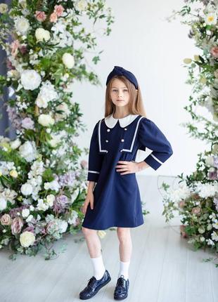 Платье школьное дизайнерское детское подростковое темно - синее, школьная форма для девочки3 фото