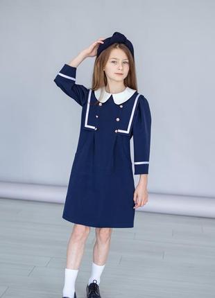 Платье школьное дизайнерское детское подростковое темно - синее, школьная форма для девочки4 фото