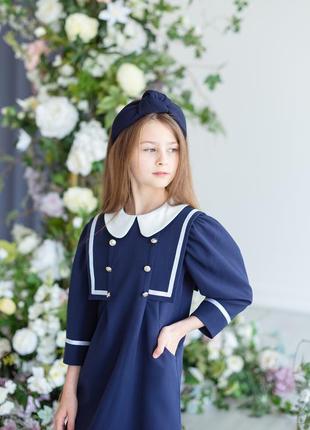 Платье школьное дизайнерское детское подростковое темно - синее, школьная форма для девочки7 фото