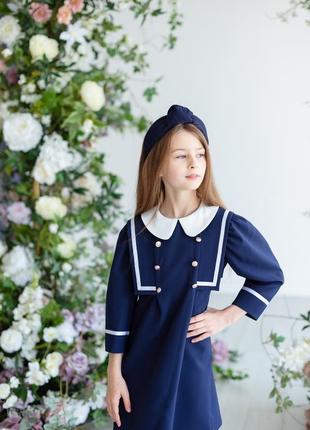 Платье школьное дизайнерское детское подростковое темно - синее, школьная форма для девочки5 фото