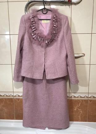 Крутой костюм в стиле шанель пиджак юбка натуральный мех деловой костюм нарядный костюм