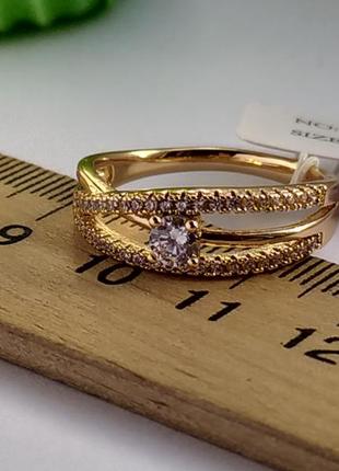 Позолоченное кольцо р.18,5 - скрещенные линии с камнями, позолота, недорого + видеообзор4 фото