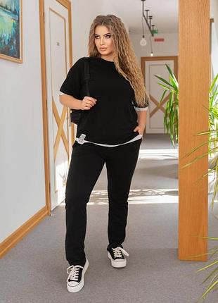 Костюм спорт батал кофта свободного силуета рукав спущенный короткий штаны на резинке с карманами ткань двунить трикотаж нашивка