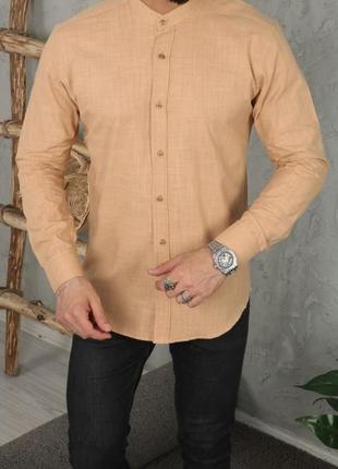 Стильна чоловіча ділова сорочка у вигляді льону стійка без коміру з довгими рукавами