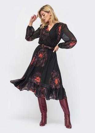 Черное платье в принт с юбкой-клеш  ⁇  693054 фото