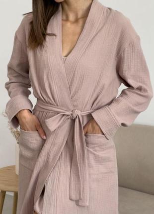 Женский летний халат кимоно из муслина одежда для дома цвет латте9 фото