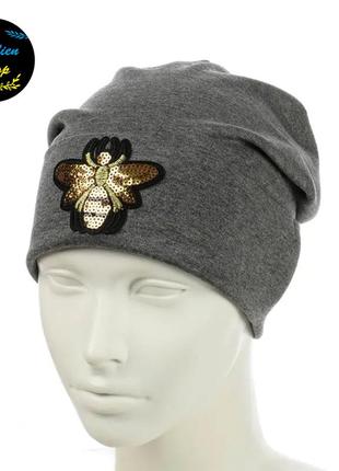 ● жіноча трикотажна шапка - бджілка - темно-сірий ●