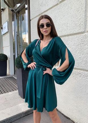 Шёлковое платье на запах с рукавами фонариками красное чёрное голубое кофейное морская вол...