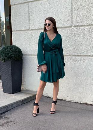 Шёлковое платье на запах с рукавами фонариками красное чёрное голубое кофейное морская вол...