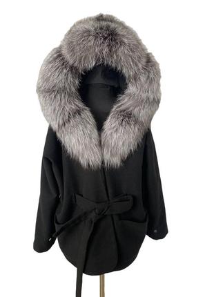 Пончо пальто женское оверсайз с чернобуркой