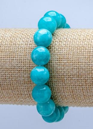 Браслет на гумці з натурального каменю аквамарин гладкий кулька d-12мм +-