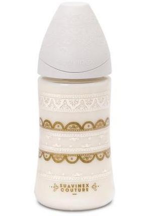 Пляшка для годування suavinex кругла соска 3-позиційна couture 270 мл сіра (304159)