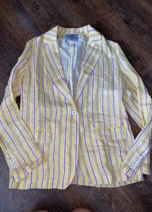 Лляний жакет піджак з льону подовжений піджак жовто-фіолетовий жакет італія подовжений піджак блейзер з льону sartoria max mara льняной пиджак с льна